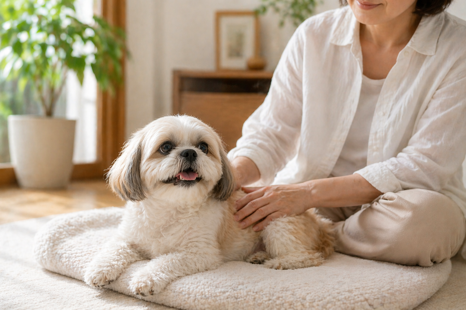 穏やかな表情でくつろぐシニア犬